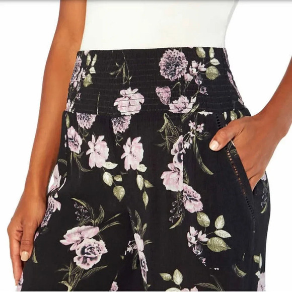 Three Dots Wide-Leg Pant Gorgeous Romantic Flora Purple Black & White Pattern - Picture 6 of 10